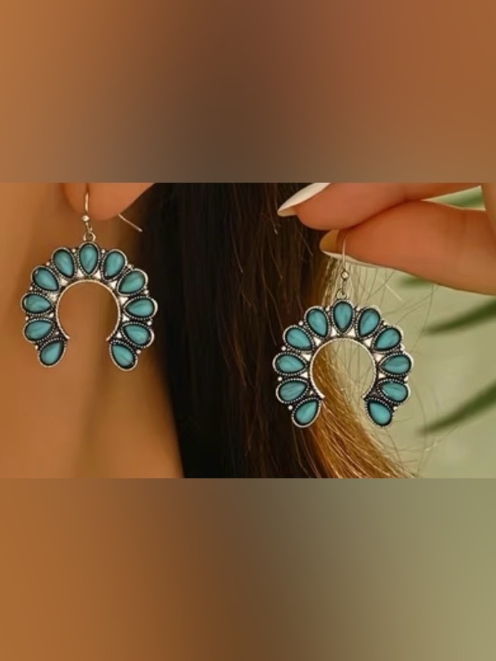 Western Horseshoe Turquoise Silver Dangle Earrings Cowgirl Earrings - Picture 1 of 5